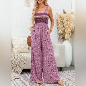 Dokotoo Smocked Bodice Jumpsuit w/ Side Pockets Wide Leg Size XL NEW